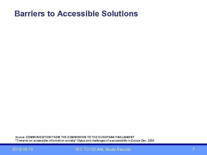 Barriers to Accessible Solutions Source: COMMUNICATION FROM THE COMMISSION TO THE EUROPEAN PARLIAMENT “Towards