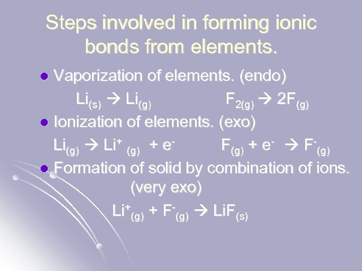 Steps involved in forming ionic bonds from elements. Vaporization of elements. (endo) Li(s) Li(g)