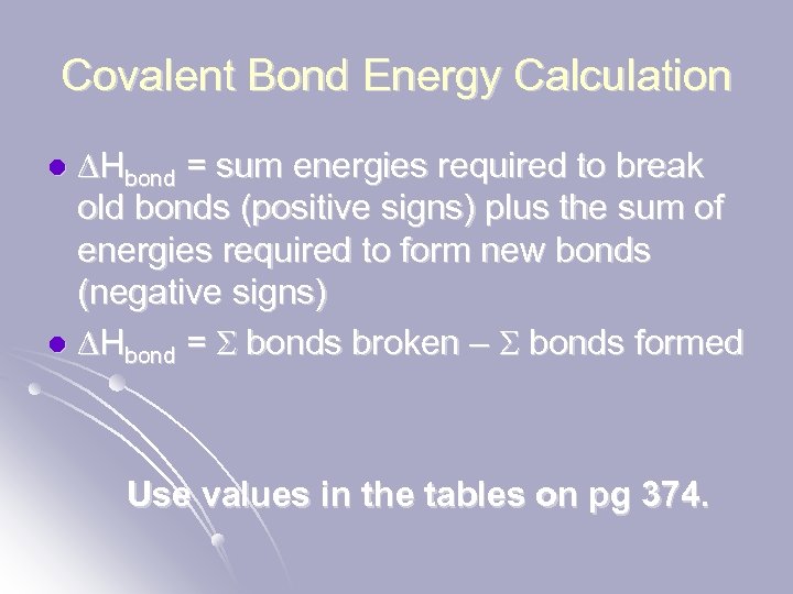 Covalent Bond Energy Calculation DHbond = sum energies required to break old bonds (positive