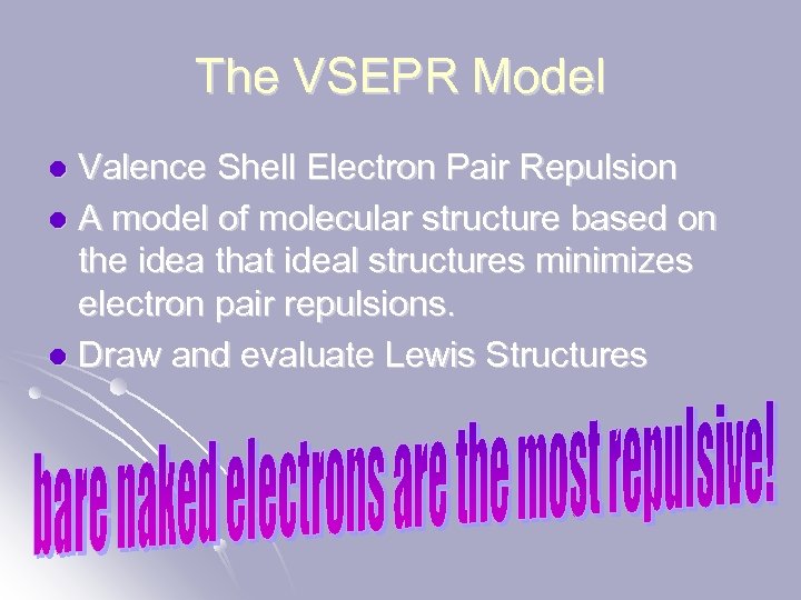 The VSEPR Model Valence Shell Electron Pair Repulsion l A model of molecular structure