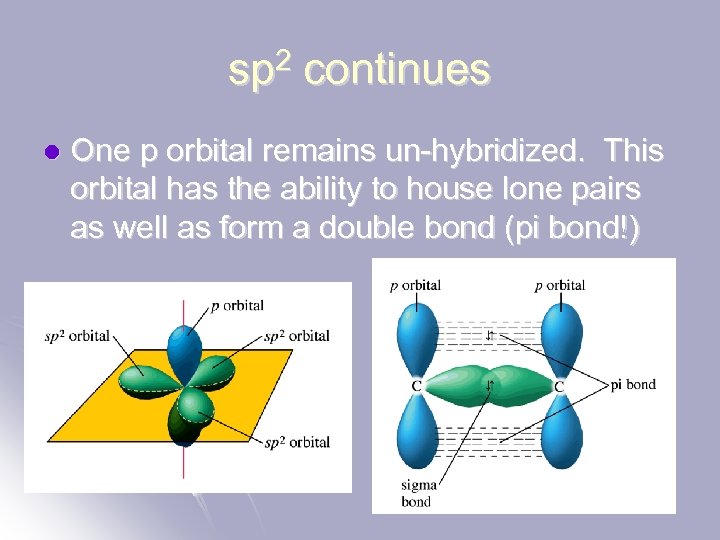 sp 2 continues l One p orbital remains un-hybridized. This orbital has the ability