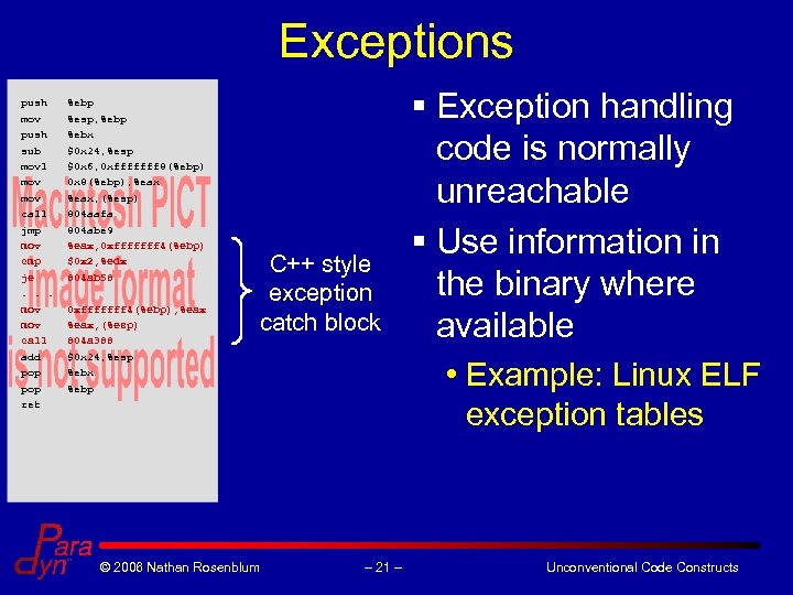 Exceptions push %ebp mov %esp, %ebp push %ebx sub $0 x 24, %esp movl