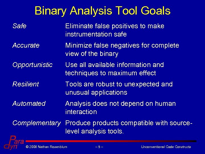 Binary Analysis Tool Goals Safe Eliminate false positives to make instrumentation safe Accurate Minimize