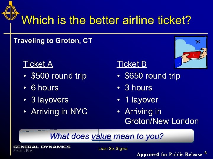 Which is the better airline ticket? Traveling to Groton, CT Ticket A • $500