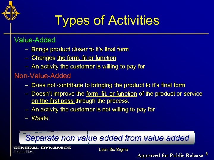 Types of Activities Value-Added – Brings product closer to it’s final form – Changes