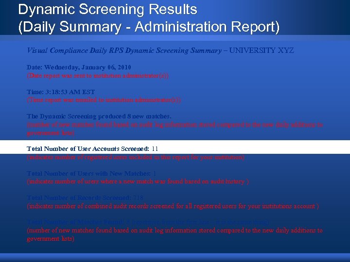 Dynamic Screening Results (Daily Summary - Administration Report) Visual Compliance Daily RPS Dynamic Screening