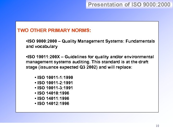 Presentation of ISO 9000: 2000 TWO OTHER PRIMARY NORMS: • ISO 9000: 2000 –