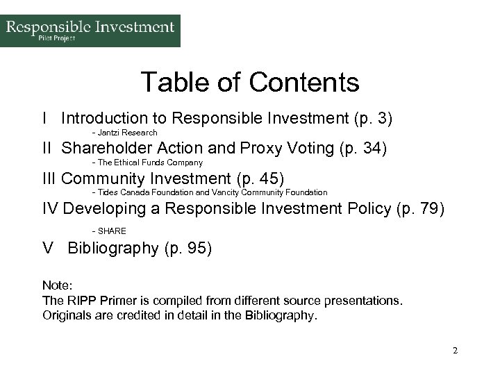 Table of Contents I Introduction to Responsible Investment (p. 3) - Jantzi Research II