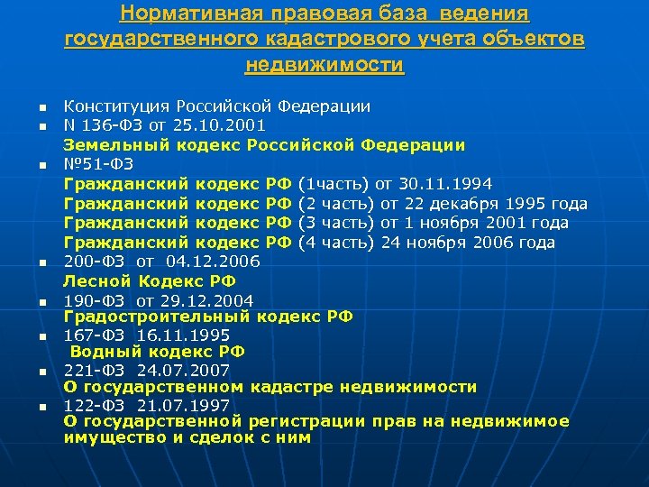 Нормативная правовая база ведения государственного кадастрового учета объектов недвижимости n n n n Конституция