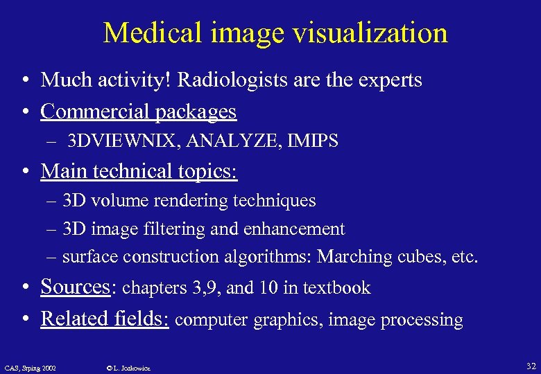Medical image visualization • Much activity! Radiologists are the experts • Commercial packages –