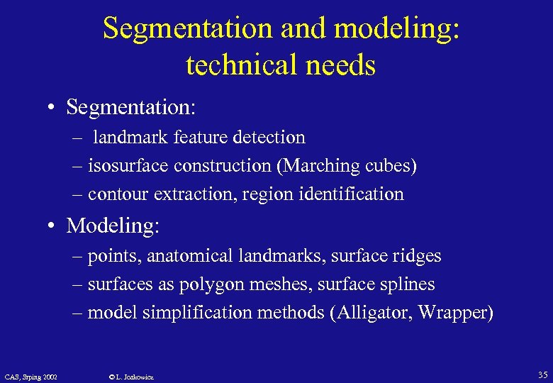 Segmentation and modeling: technical needs • Segmentation: – landmark feature detection – isosurface construction