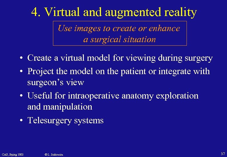 4. Virtual and augmented reality Use images to create or enhance a surgical situation