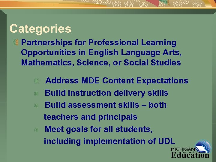 Categories Partnerships for Professional Learning Opportunities in English Language Arts, Mathematics, Science, or Social