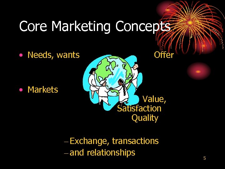 Core Marketing Concepts • Needs, wants • Markets Offer Value, Satisfaction Quality – Exchange,