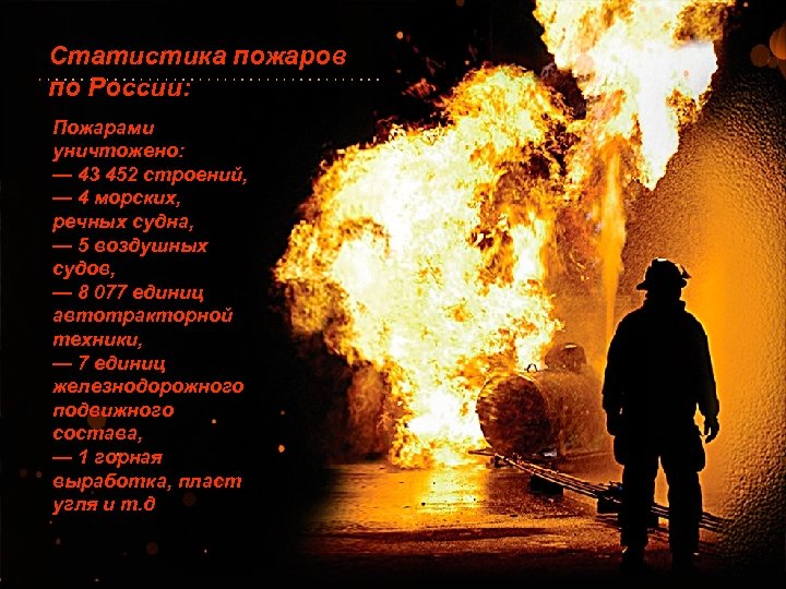 Статистика пожаров по России: Пожарами уничтожено: — 43 452 строений, — 4 морских, речных