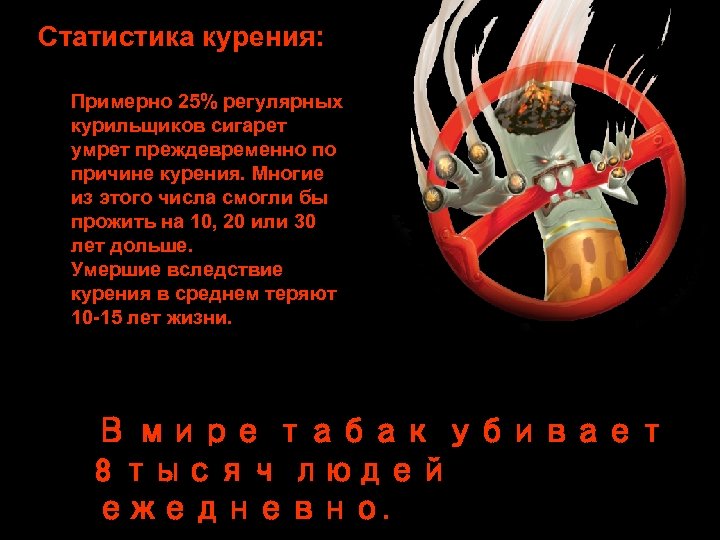 Статистика курения: Примерно 25% регулярных курильщиков сигарет умрет преждевременно по причине курения. Многие из
