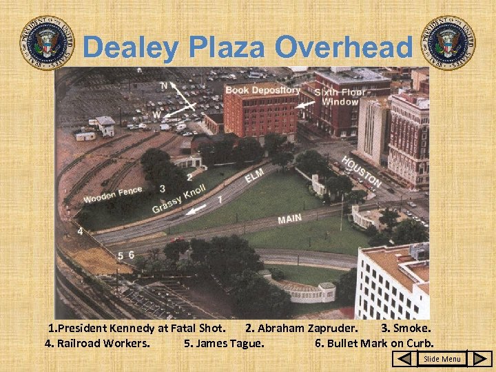 Dealey Plaza Overhead 1. President Kennedy at Fatal Shot. 2. Abraham Zapruder. 3. Smoke.