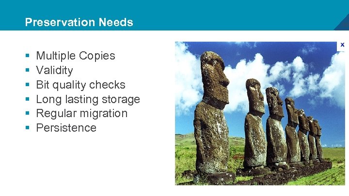 Preservation Needs § § § Multiple Copies Validity Bit quality checks Long lasting storage