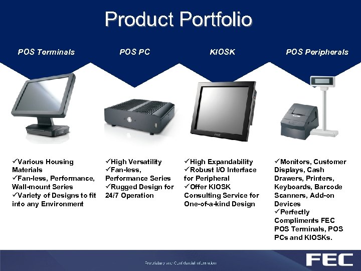 Product Portfolio POS Terminals POS Terminal ØFan-less ØPerformance üVarious Housing Materials ØWall-mount POS PC