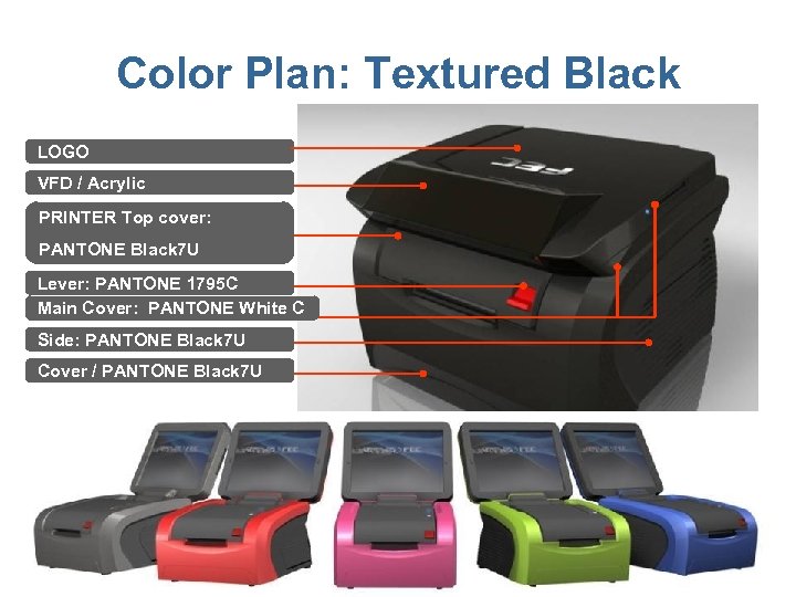 Color Plan: Textured Black LOGO VFD / Acrylic PRINTER Top cover: PANTONE Black 7