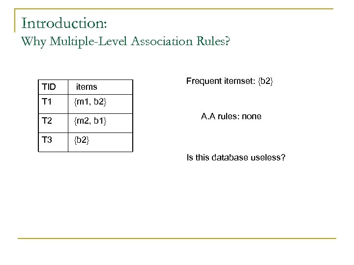 Introduction: Why Multiple-Level Association Rules? TID items T 1 {m 1, b 2} T
