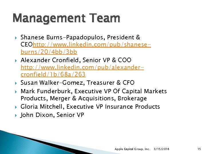 Management Team Shanese Burns-Papadopulos, President & CEOhttp: //www. linkedin. com/pub/shaneseburns/20/4 bb/3 bb Alexander Cronfield,