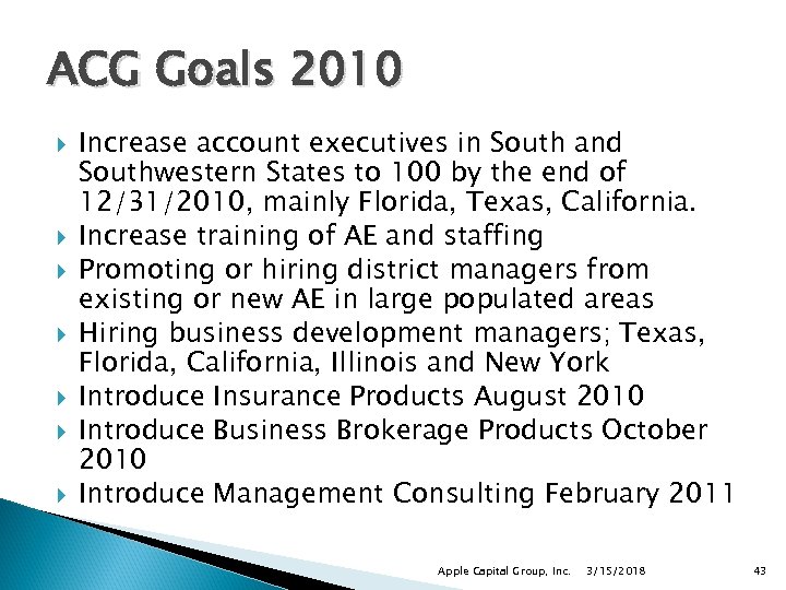 ACG Goals 2010 Increase account executives in South and Southwestern States to 100 by