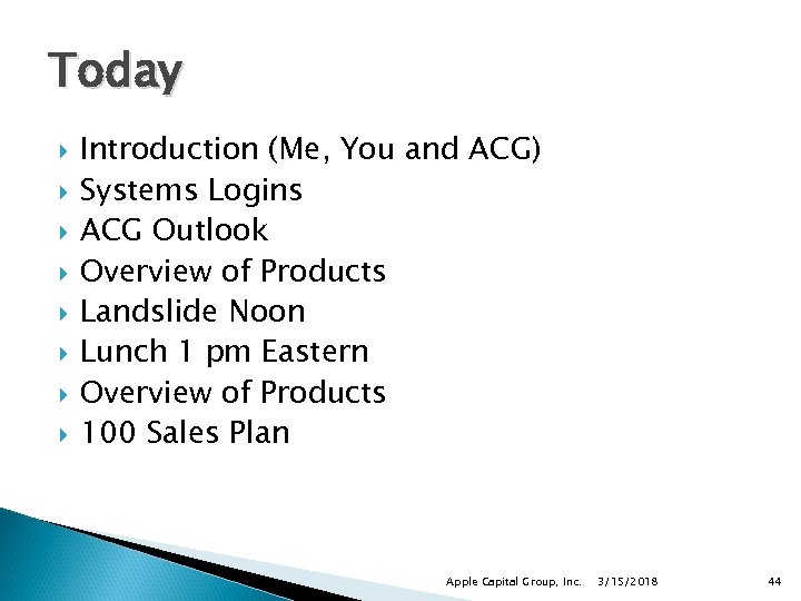 Today Introduction (Me, You and ACG) Systems Logins ACG Outlook Overview of Products Landslide