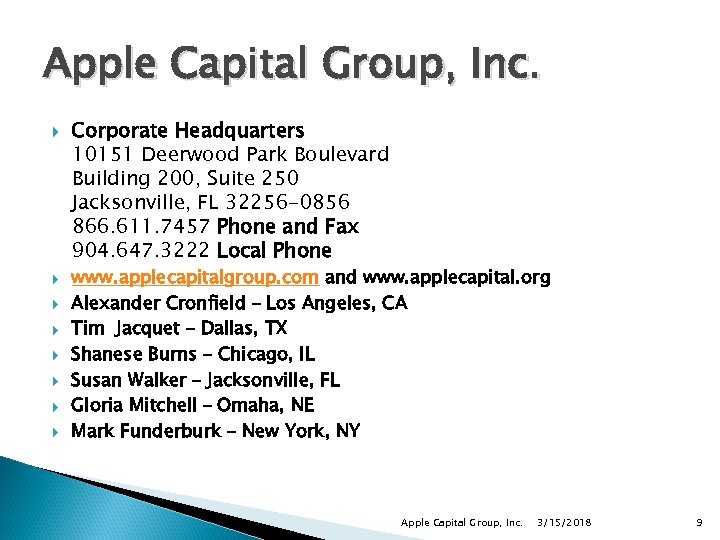 Apple Capital Group, Inc. Corporate Headquarters 10151 Deerwood Park Boulevard Building 200, Suite 250