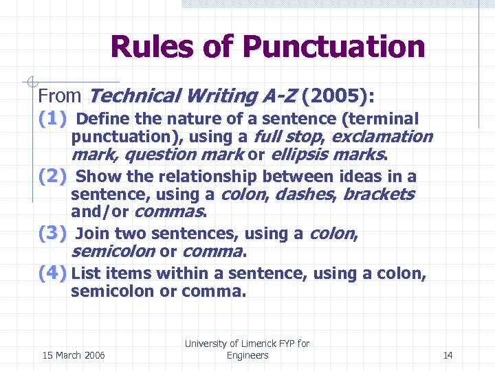 Rules of Punctuation From Technical Writing A-Z (2005): (1) Define the nature of a