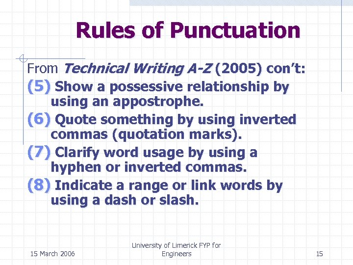 Rules of Punctuation From Technical Writing A-Z (2005) con’t: (5) Show a possessive relationship