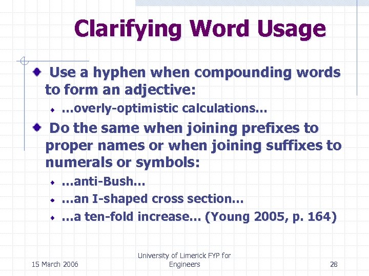 Clarifying Word Usage Use a hyphen when compounding words to form an adjective: …overly-optimistic