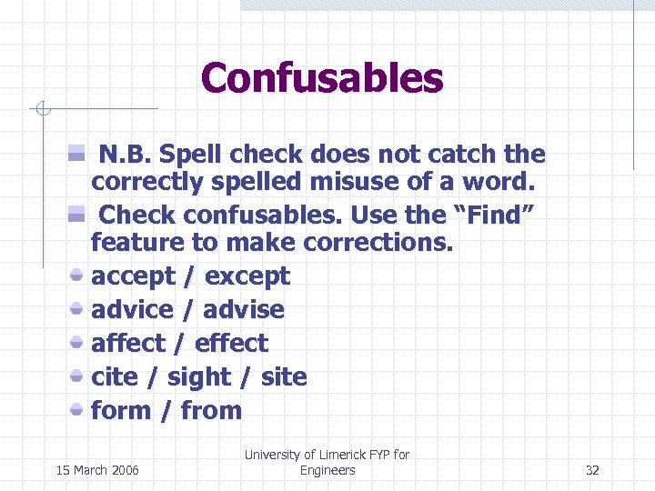 Confusables N. B. Spell check does not catch the correctly spelled misuse of a