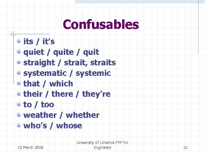 Confusables its / it’s quiet / quite / quit straight / strait, straits systematic