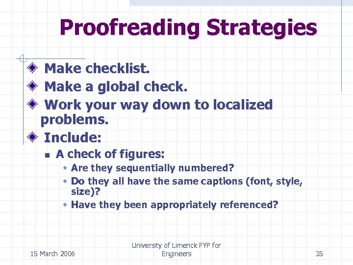 Proofreading Strategies Make checklist. Make a global check. Work your way down to localized