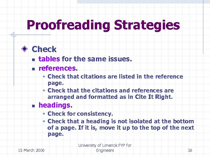 Proofreading Strategies Check n n tables for the same issues. references. w Check that