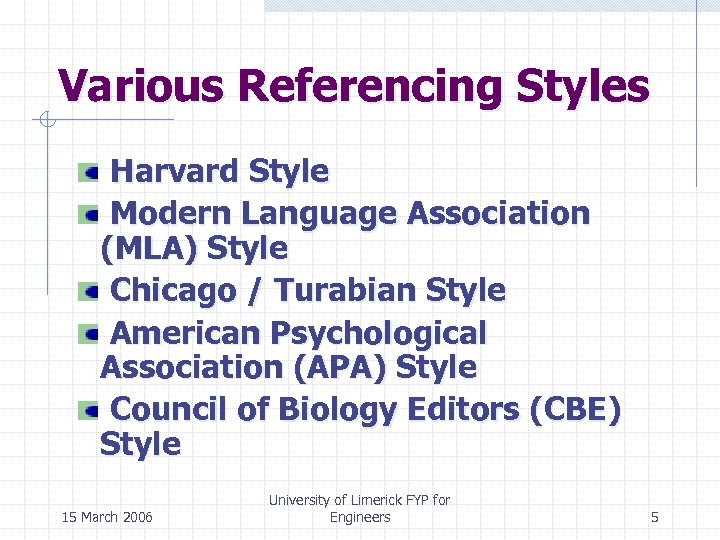 Various Referencing Styles Harvard Style Modern Language Association (MLA) Style Chicago / Turabian Style