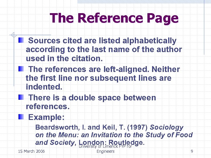 The Reference Page Sources cited are listed alphabetically according to the last name of