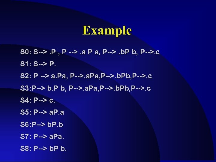 Example S 0: S-->. P , P -->. a P a, P-->. b. P