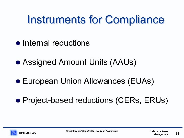 Instruments for Compliance l Internal reductions l Assigned Amount Units (AAUs) l European Union