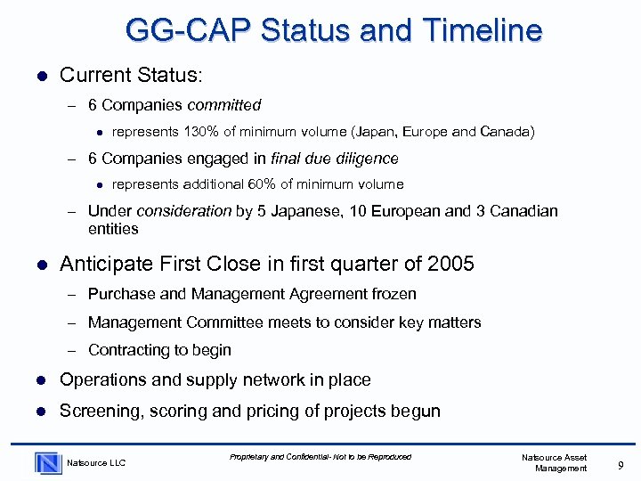 GG-CAP Status and Timeline l Current Status: – 6 Companies committed l represents 130%