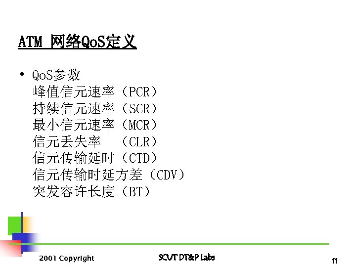ATM 网络Qo. S定义 • Qo. S参数 峰值信元速率（PCR） 持续信元速率（SCR） 最小信元速率（MCR） 信元丢失率 （CLR） 信元传输延时（CTD） 信元传输时延方差（CDV） 突发容许长度（BT）