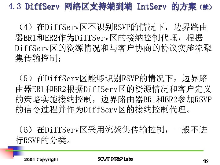 4. 3 Diff. Serv 网络区支持端到端 Int. Serv 的方案（续） （4）在Diff. Serv区不识别RSVP的情况下，边界路由 器ER 1和ER 2作为Diff. Serv区的接纳控制代理，根据
