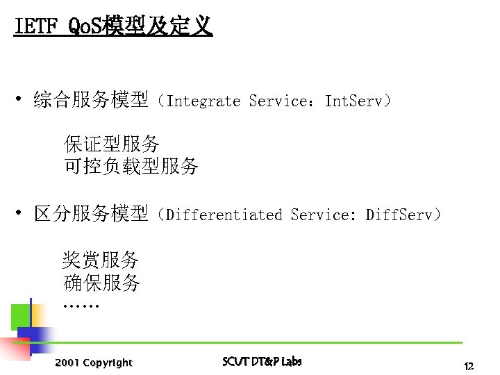 IETF Qo. S模型及定义 • 综合服务模型（Integrate Service：Int. Serv） 保证型服务 可控负载型服务 • 区分服务模型（Differentiated Service: Diff. Serv）