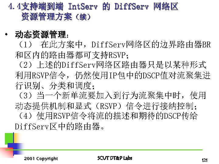 4. 4支持端到端 Int. Serv 的 Diff. Serv 网络区 资源管理方案（续） • 动态资源管理： 动态资源管理 （1） 在此方案中，Diff.