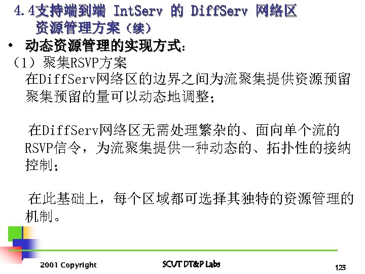 4. 4支持端到端 Int. Serv 的 Diff. Serv 网络区 资源管理方案（续） • 动态资源管理的实现方式： 动态资源管理的实现方式 （1）聚集RSVP方案 在Diff.