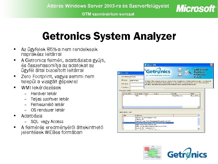 Áttérés Windows Server 2003 -ra és Szerverfelügyelet GTM szeminárium sorozat Getronics System Analyzer •