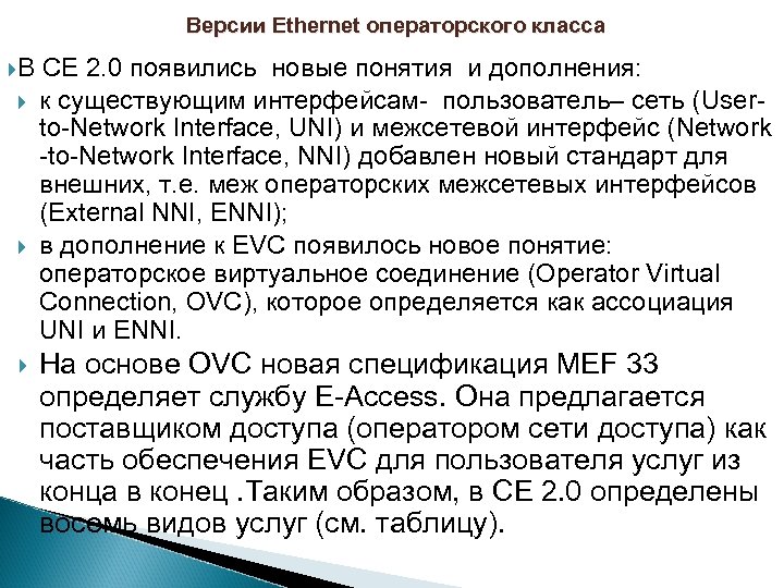 Версии Ethernet операторского класса В CE 2. 0 появились новые понятия и дополнения: к