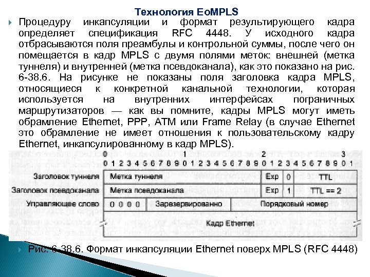  Технология Eo. MPLS Процедуру инкапсуляции и формат результирующего кадра определяет спецификация RFC 4448.