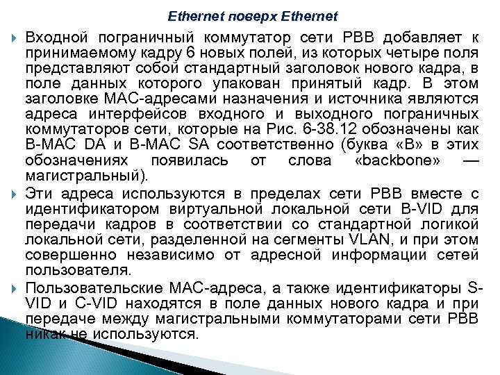 Ethernet поверх Ethernet Входной пограничный коммутатор сети РВВ добавляет к принимаемому кадру 6 новых